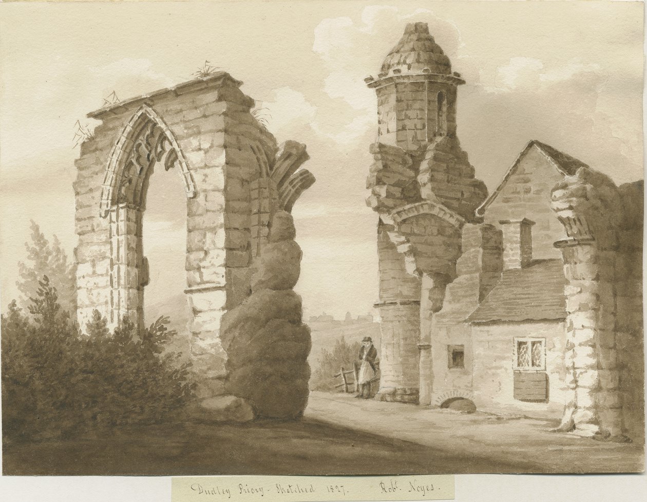 Dudley Priory: sépiová lavírovaná kresba, 1827 od Robert Noyes