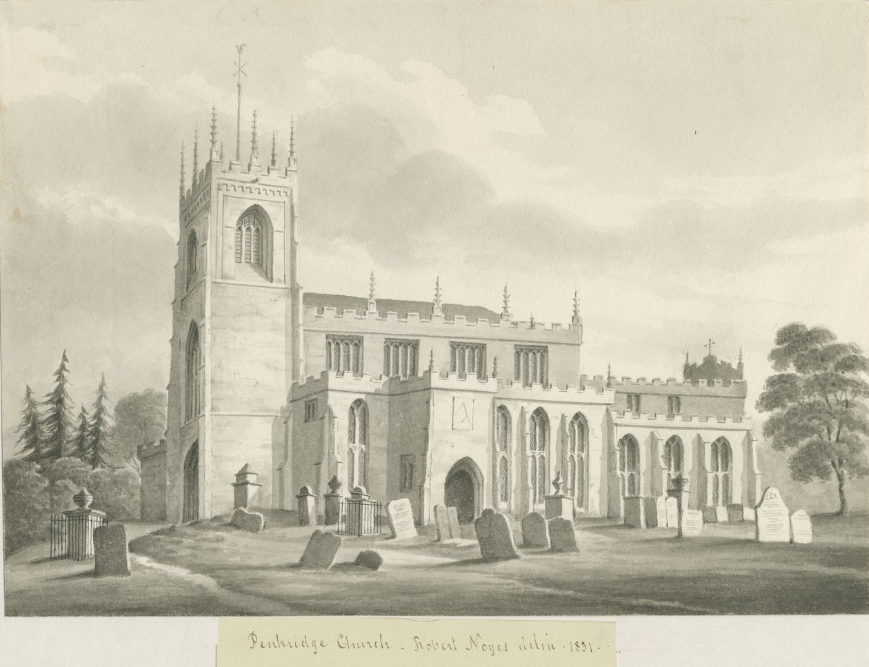 Penkridge Church: sépiová lavírovaná kresba, 1831 od Robert Noyes