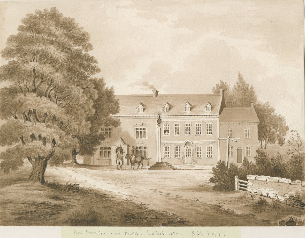 Stourton - "Stew Poney Inn near Kinver": sépiová kresba, 1828 od Robert Noyes