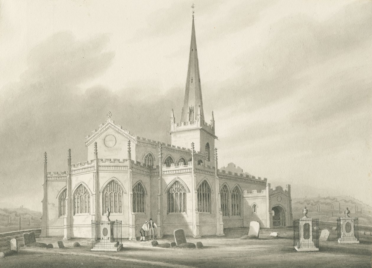 Wednesbury - Kostel sv. Bartoloměje: sépiová lavírovaná kresba, nd [1827] (kresba) od Robert Noyes