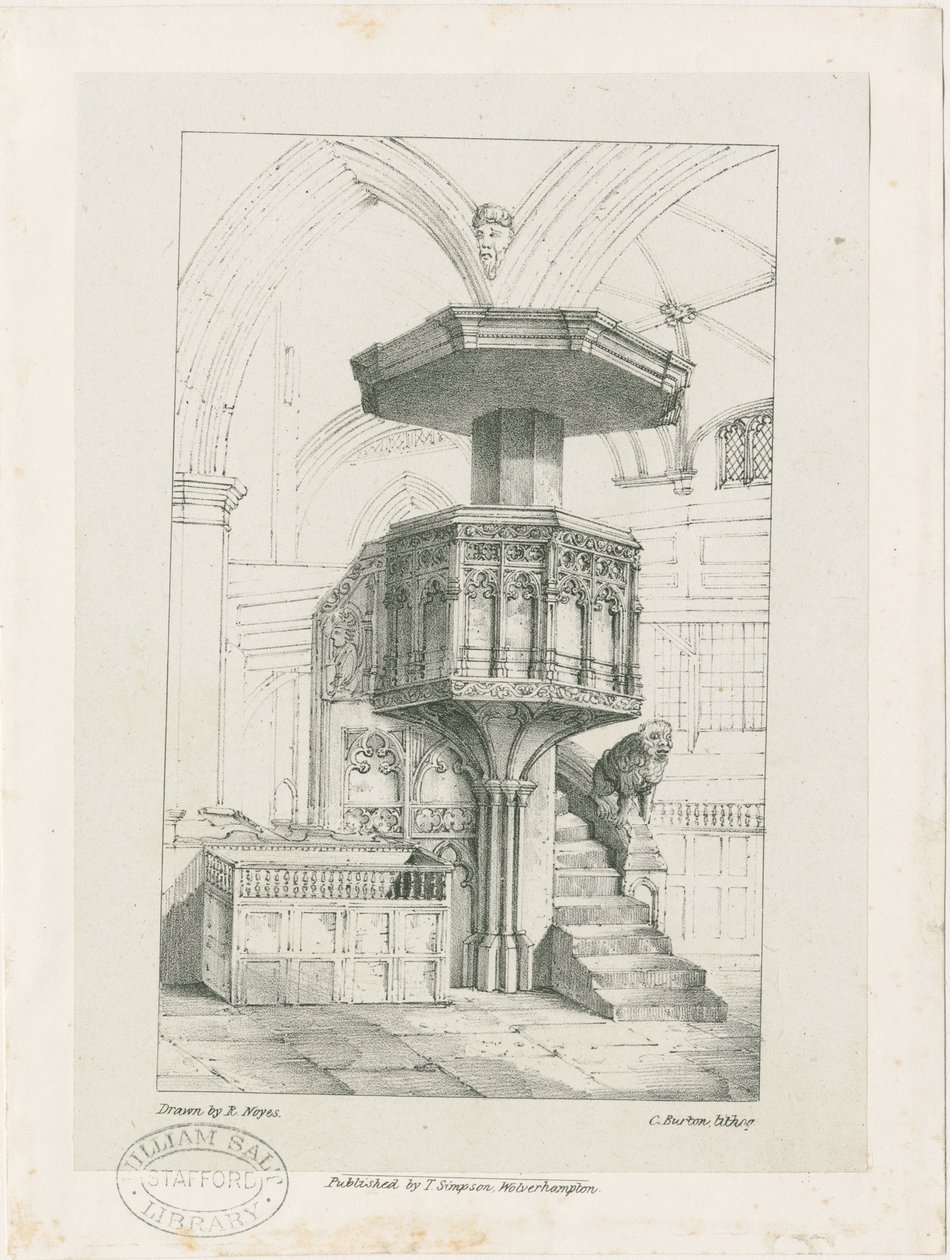 Wolverhampton - Kazatelna v kostele svatého Petra: litografie, nd [c 1844] (tisk) od Robert Noyes
