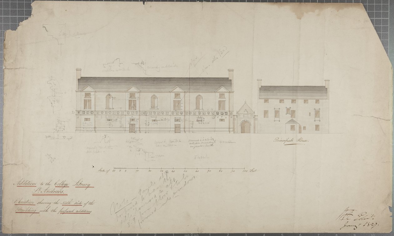 Architektonická kresba Univerzitní knihovny, 1827 (tužka a wc na papíře) od Robert Payton Reid