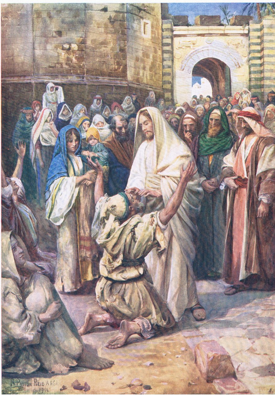 Blind Bartimeeus, od The Bible Picture Book vydané Thomasem Nelsonem, c.1950 od Robert Payton Reid