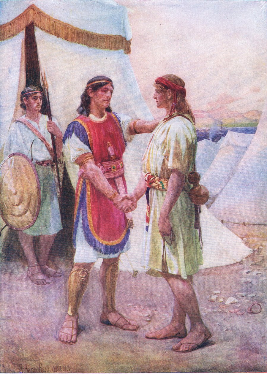 David a Jonathan, z knihy The Bible Picture Book vydané Thomasem Nelsonem, kolem roku 1950 (litho) od Robert Payton Reid