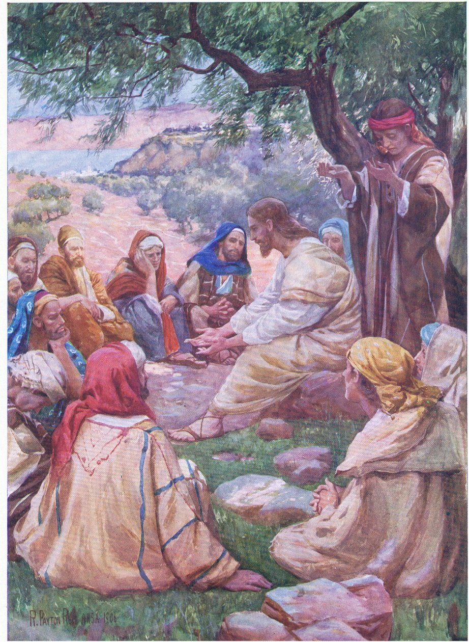 Ježíš učí své učedníky modlit se z knihy The Bible Picture Book vydané Thomasem Nelsonem kolem roku 1950 od Robert Payton Reid