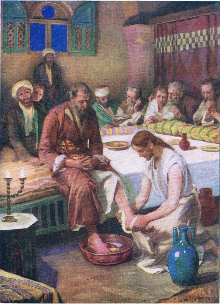 Ježíš umývá učedníkům nohy z knihy The Bible Picture Book vydané Thomasem Nelsonem kolem roku 1950 od Robert Payton Reid