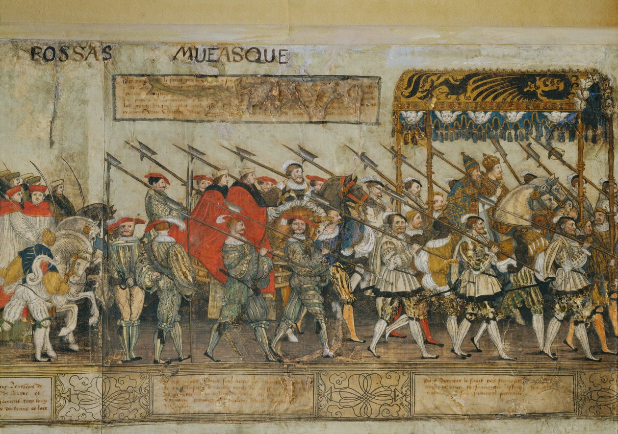 Kavalkáda na oslavu korunovace císaře Karla V. v Boloni ... (kolorovaný dřevoryt na pergamenu) od Robert Peril