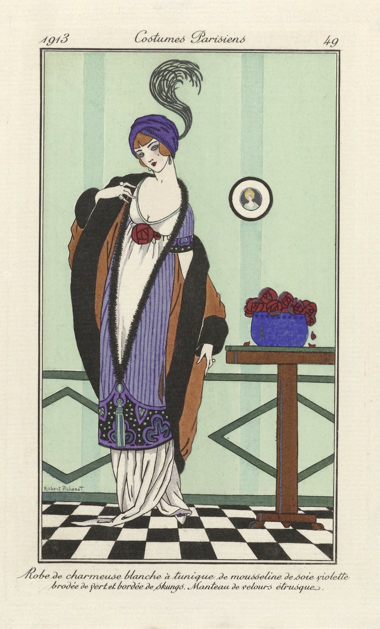 Bílé šaty z charmeuzy se zelenou výšivkou a fialovou tunikou z hedvábného šifonu lemovanou skungy. Etruský sametový plášť, z Costumes Parisiens, pub.1913 (šablonový tisk) od Robert Pichenot