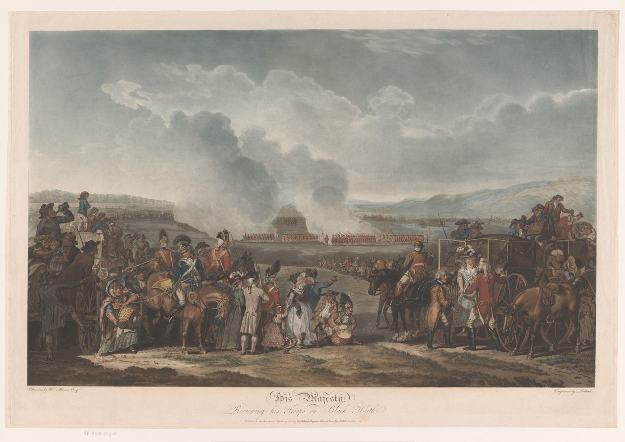 George III sleduje své jednotky v Blackheath Jeho Veličenstvo, přezkoumává své jednotky na Černém vřesovišti (název na objektu) od Robert Pollard (I)