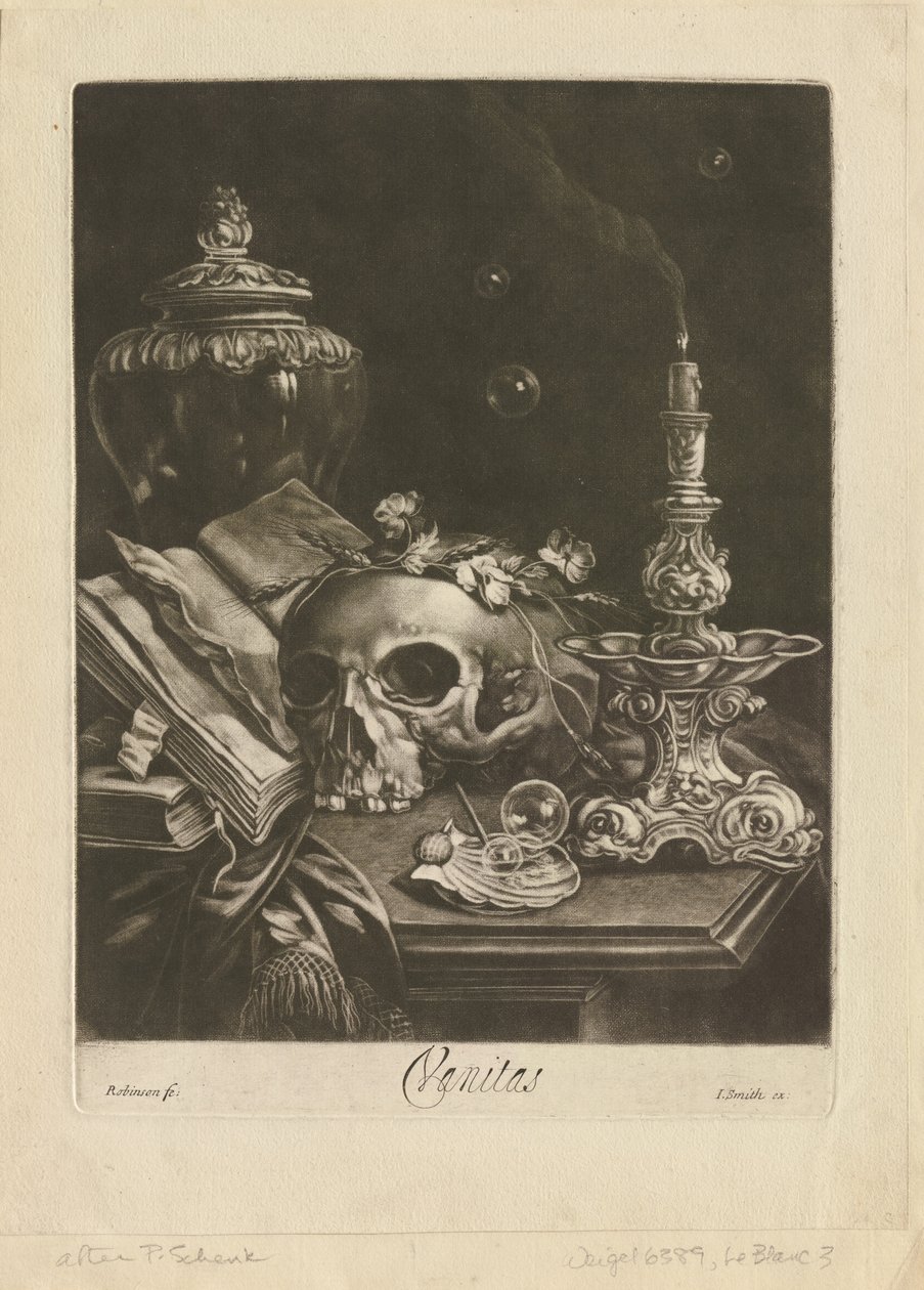 Zátiší Vanitas, kolem 1685-88 (mezzotinta s vypalováním) od Robert Robinson