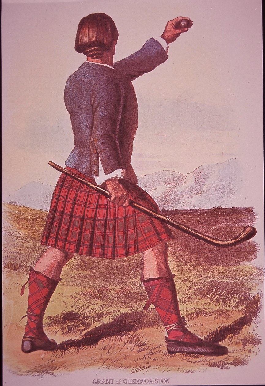 Clansman of Grant of Glenmoriston hraje shinty (barva litho) od Robert Ronald (after) McIan