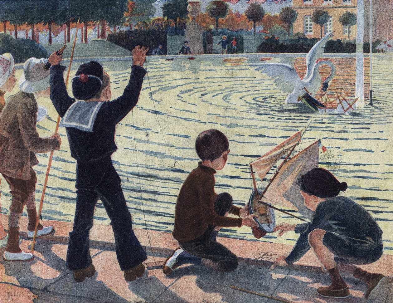 Labuť zaútočí na člun dítěte, které si hrálo se svými kamarády v bazénu v parku. Ilustrace Robert Salles (1871-1929) v „“ Je sais Lire““. od Robert Salles