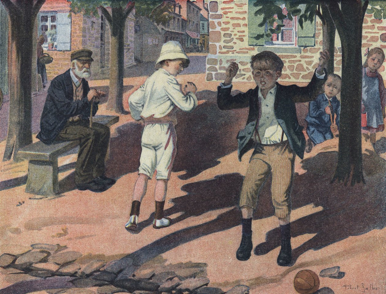 Mladý chlapec se během hry se svými kamarády (špatným hráčem) rozzlobí. Ilustrace Robert Salles (1871-1929) v „“ Je sais Lire““. od Robert Salles