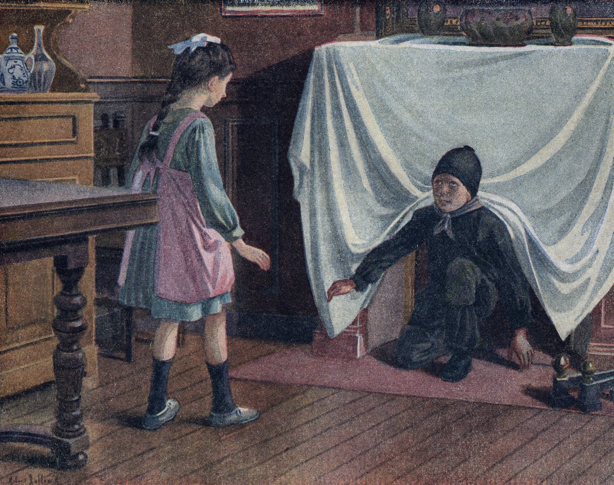 Mladý komín pokrytý sazemi opouští komín pokrytý plechem. Vyděsí malou dívku, která si myslí, že je ďábel. Ilustrace Robert Salles (1871-1929) v „“ Je sais Lire““. od Robert Salles