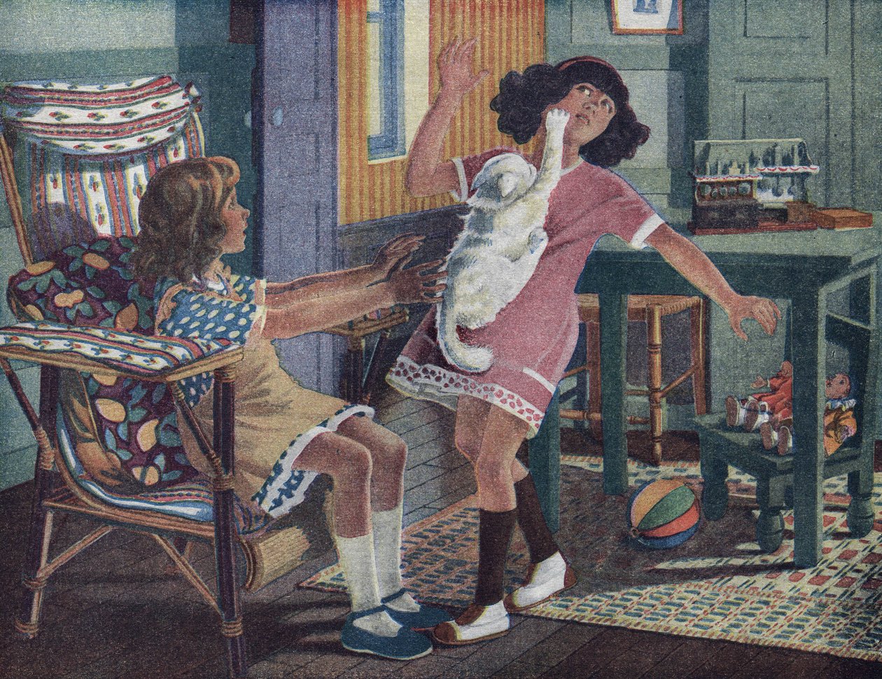 Kočička Annette: bílá kočka drápe tvář malé holčičky, která si hraje se svou kamarádkou. Ilustrace Robert Salles (1871-1929) v „“ Je sais Lire““. od Robert Salles