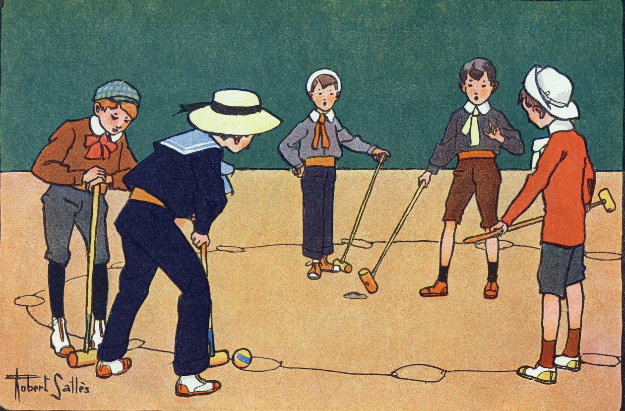 Ball by hours (dovednostní hra s míčky a paličkami). Rytí do „“ Co hrajeme? “” od E. Webera s akvarelovými kresbami Roberta Sallese (1871-1929). Knihovna Garnier Freres, Paříž od Robert Salles