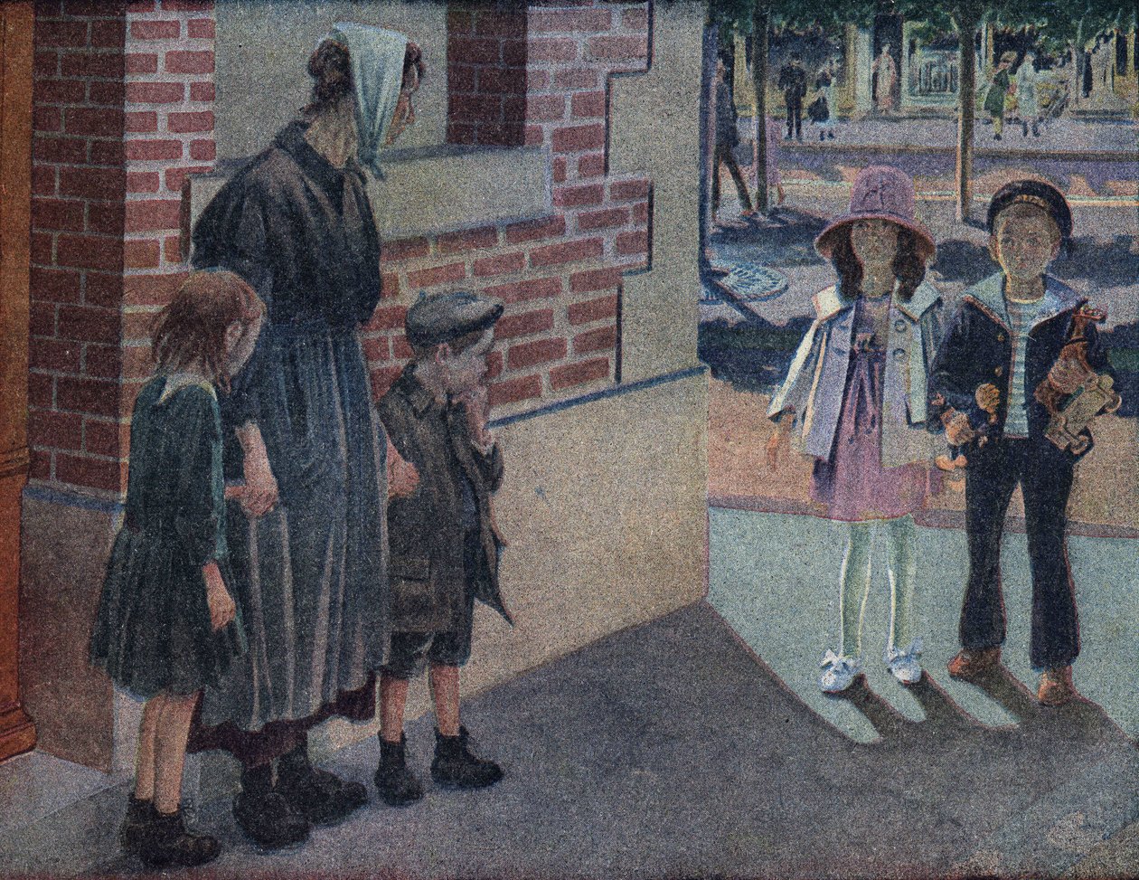 Charita: matka a její dvě děti žádají alumone od mladého chlapce a mladé dívky na ulici, kteří jim dají své úspory a hračky. Ilustrace Robert Salles (1871-1929) v „“ Je sais Lire““. od Robert Salles