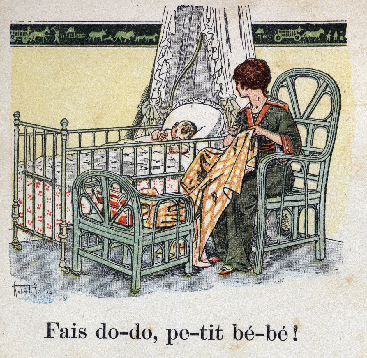 Dětská knížka „“ Budu číst – Metodická a zábavná abeceda od táty“““ 1926. Ilustrace Robert Salles (1871-1929). “„Spi, miláčku! “. Matka šije v dětském pokoji a čeká, až její dítě usne. od Robert Salles