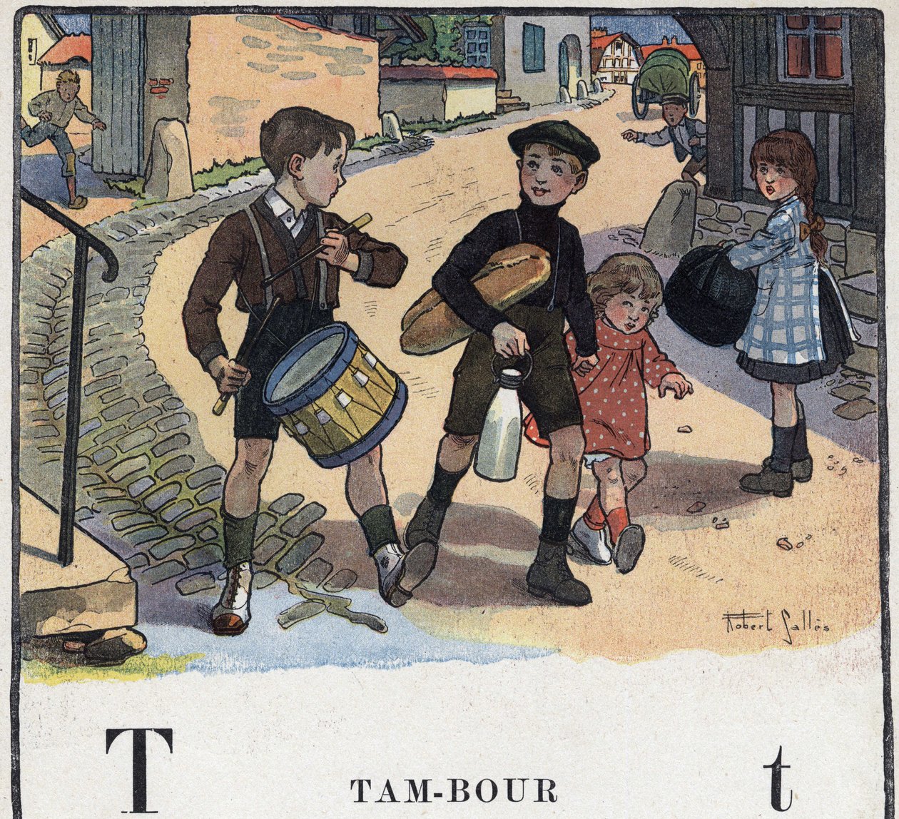 Dětská knížka „“ Budu číst – Metodická a zábavná abeceda od táty“““ 1926. Ilustrace Robert Salles (1871-1929). Abecedary: písmeno T jako buben. od Robert Salles