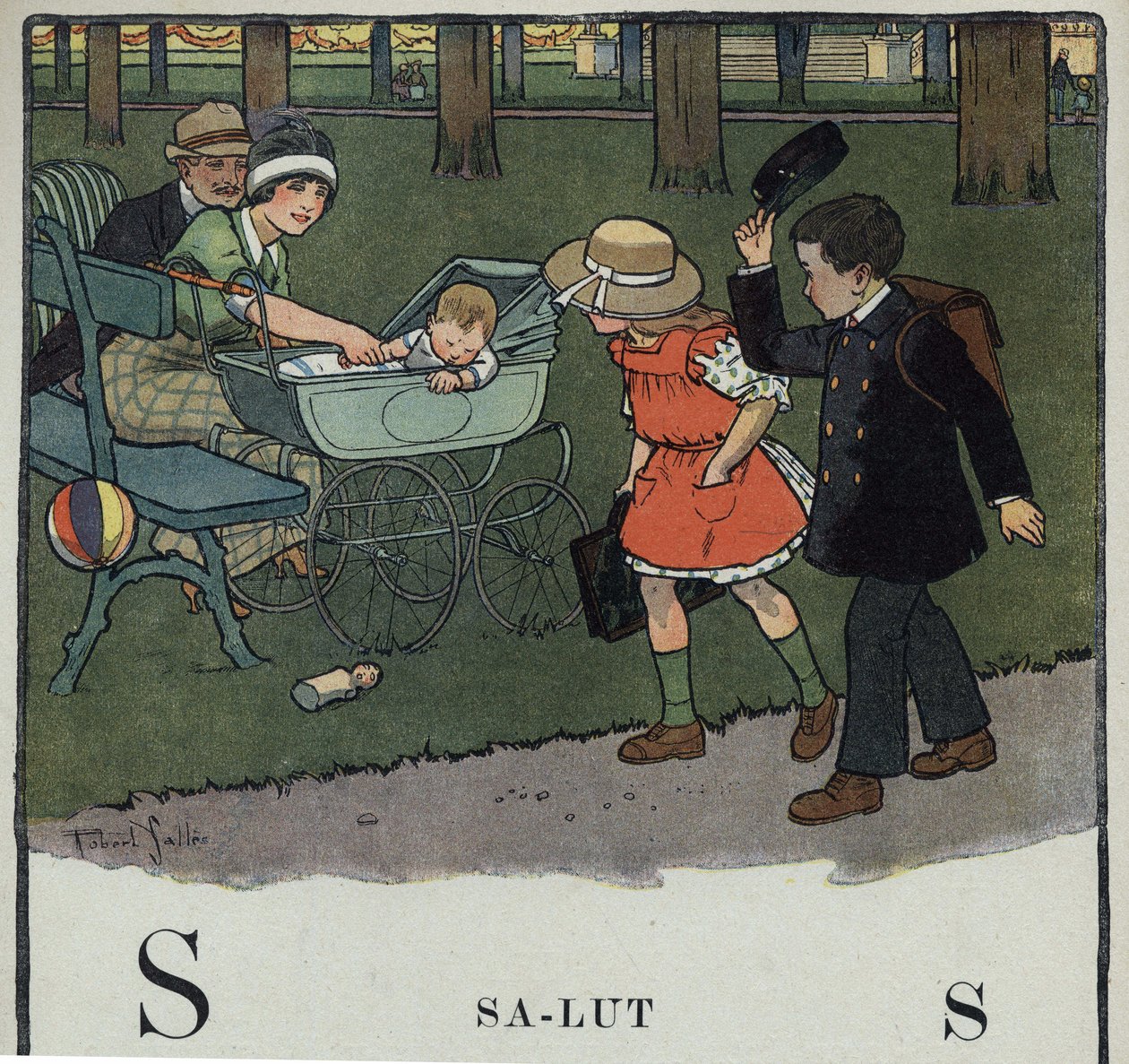 Dětská knížka „“ Budu číst – Metodická a zábavná abeceda od táty“““ 1926. Ilustrace Robert Salles (1871-1929). Abecedary: písmeno S jako Salut. Chlapec pozdraví pár a jejich dítě zvednutím čepice. od Robert Salles