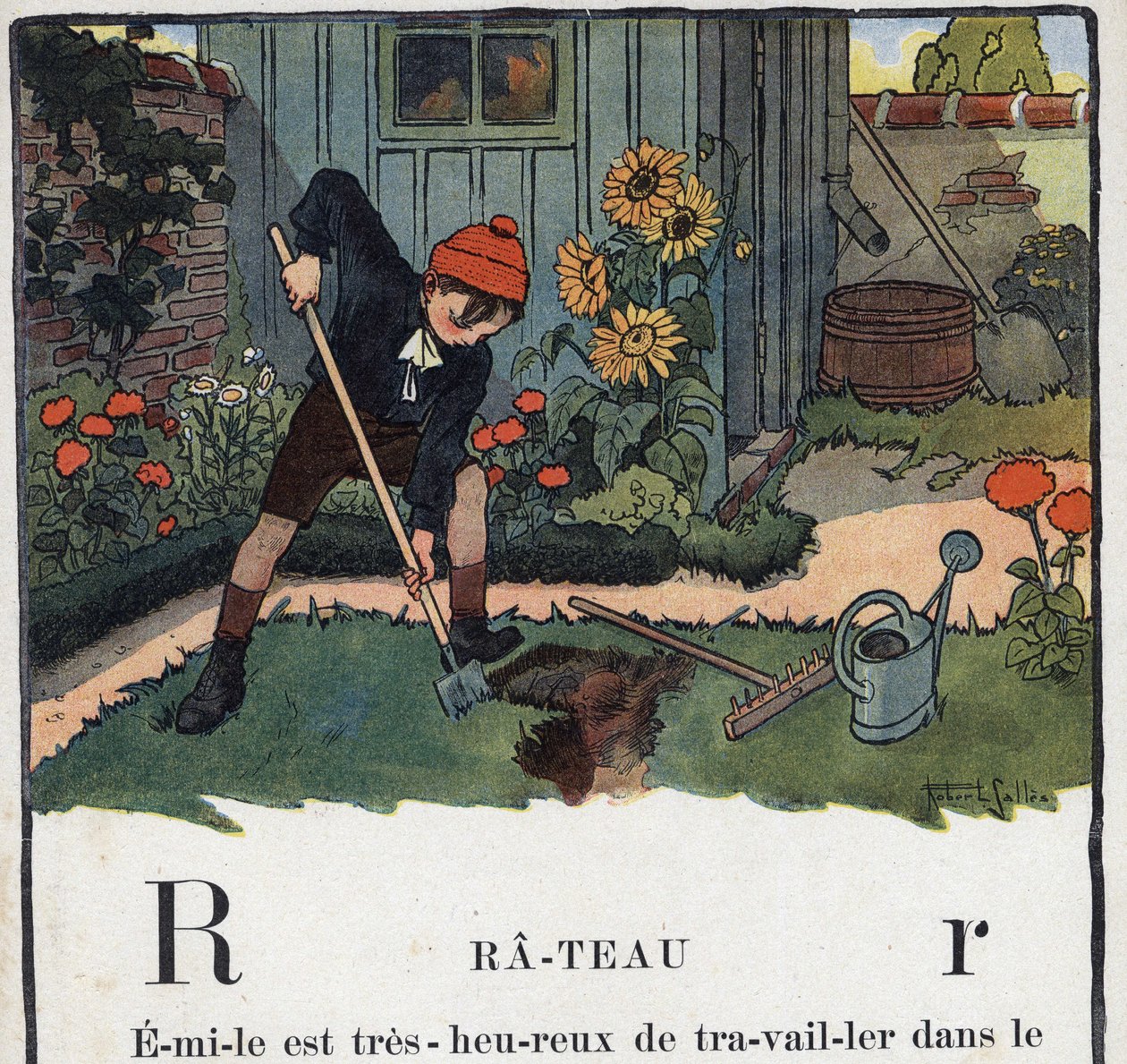 Dětská knížka „“ Budu číst – Metodická a zábavná abeceda od táty“““ 1926. Ilustrace Robert Salles (1871-1929). Abecedaire: písmeno R jako Rake. Chlapcova zahrada na zahradě jeho domu. od Robert Salles