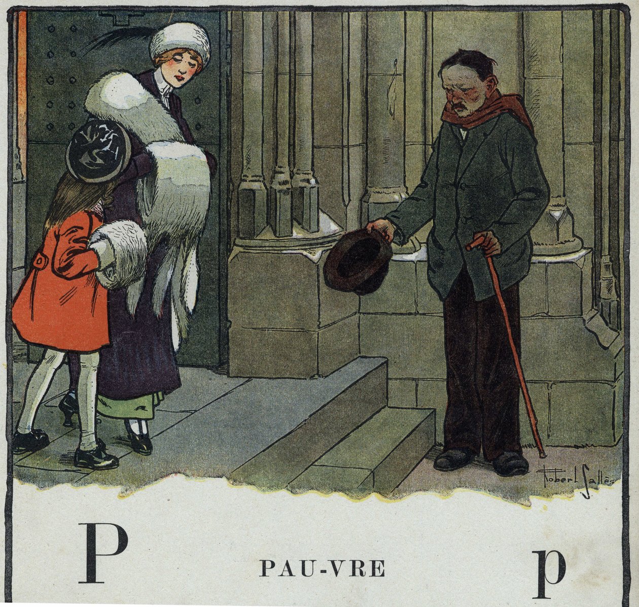 Dětská knížka „“ Budu číst – Metodická a zábavná abeceda od táty“““ 1926. Ilustrace Robert Salles (1871-1929). Abecedaire: písmeno P jako Poor. Žebrák dělá rukáv před kostelem. od Robert Salles