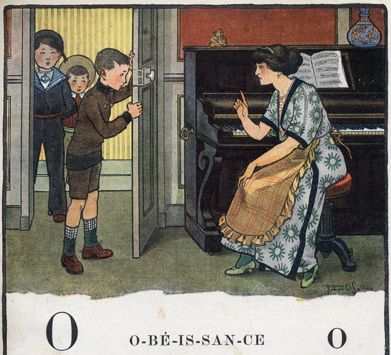 Dětská knížka „“ Budu číst – Metodická a zábavná abeceda od táty“““ 1926. Ilustrace Robert Salles (1871-1929). Abecedary: písmeno O jako Obedience. Matka nadává svým chlapcům. od Robert Salles