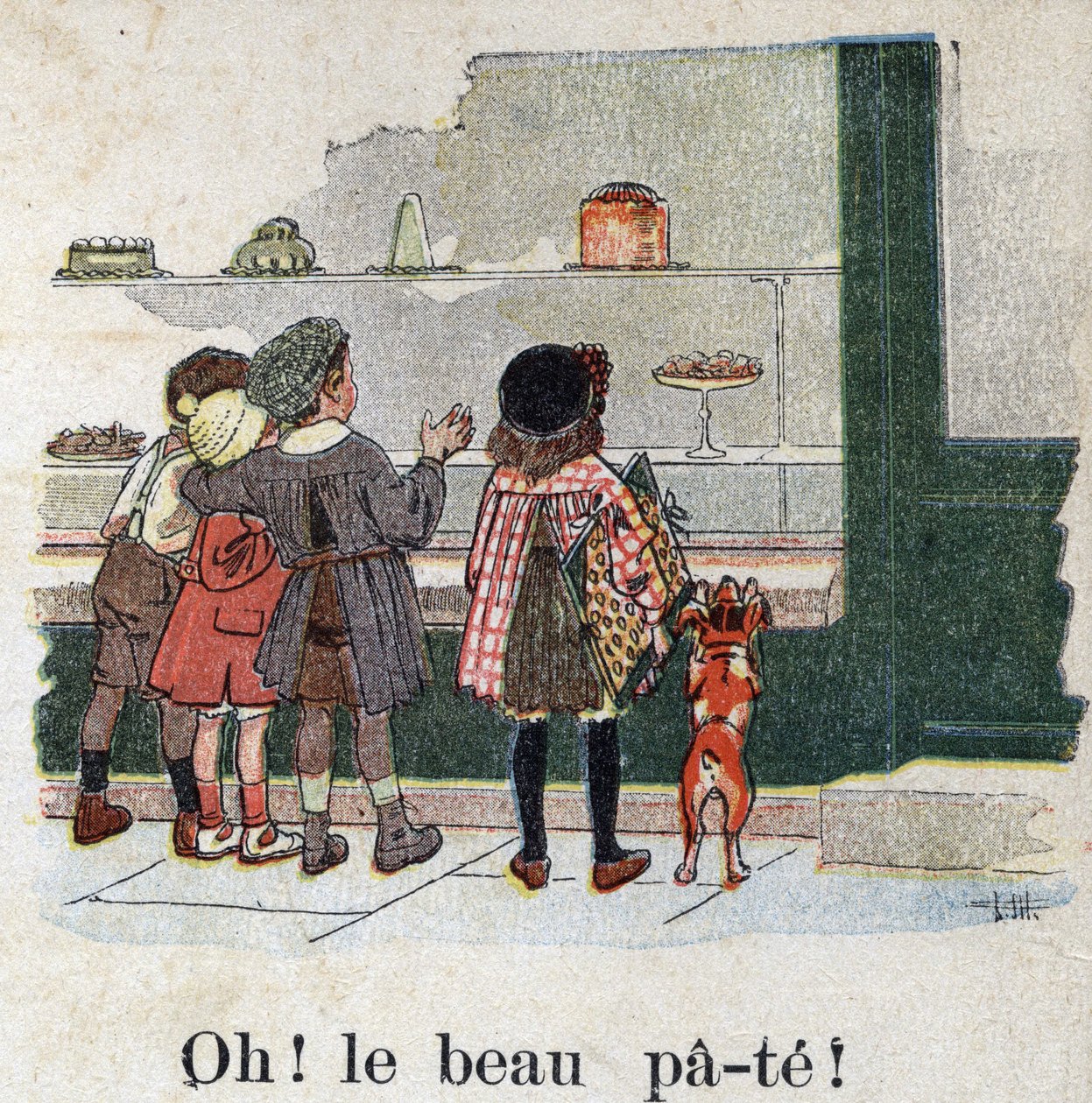 Dětská knížka „“ Budu číst – Metodická a zábavná abeceda od táty“““ 1926. Ilustrace Robert Salles (1871-1929). "Ach! Krásné těsto!" . Gurmánské děti se zastavují před výlohou pekárny. od Robert Salles