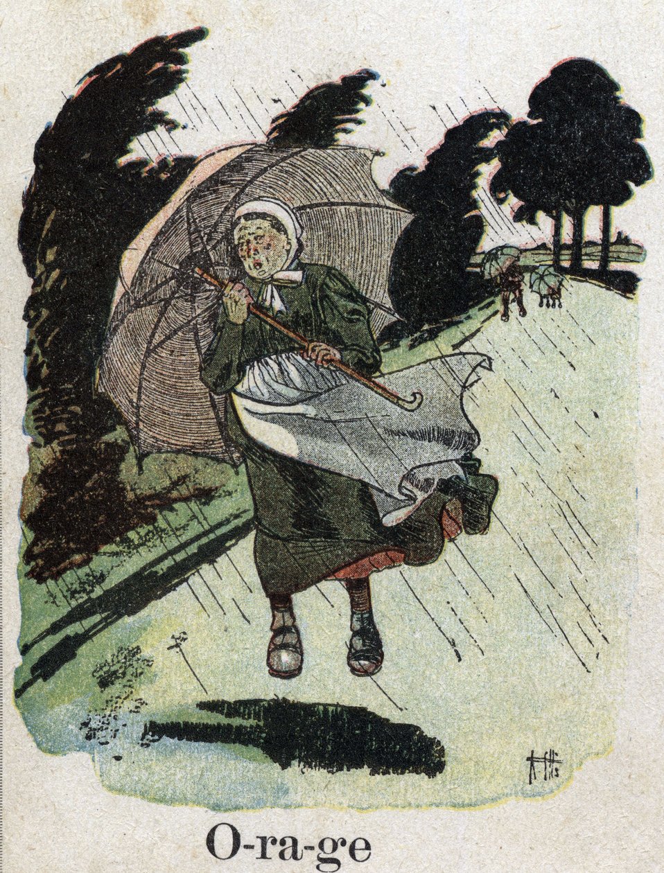 Dětská knížka „“ Budu číst – Metodická a zábavná abeceda od táty“““ 1926. Ilustrace Robert Salles (1871-1929). "" Storm "": žena v dešti se skrývá s deštníkem. od Robert Salles
