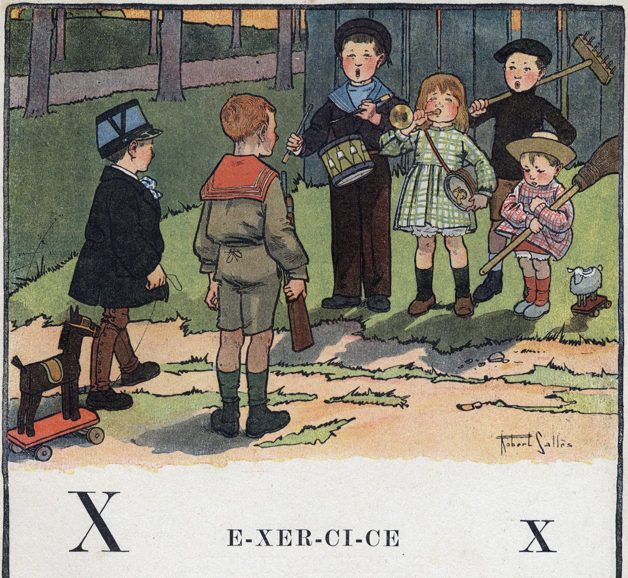 Dětská knížka „“ Budu číst – Metodická a zábavná abeceda od táty“““ 1926. Ilustrace Robert Salles (1871-1929). Abecedary: písmeno X jako cvičení. Děti si hrají na armádu. od Robert Salles