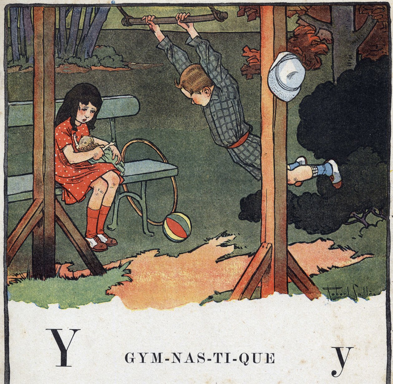 Dětská knížka „“ Budu číst – Metodická a zábavná abeceda od táty“““ 1926. Ilustrace Robert Salles (1871-1929). Abecedary: písmeno Y jako Gymnastika. Kluk hrazda, zatímco dívka si hraje s panenkou. od Robert Salles