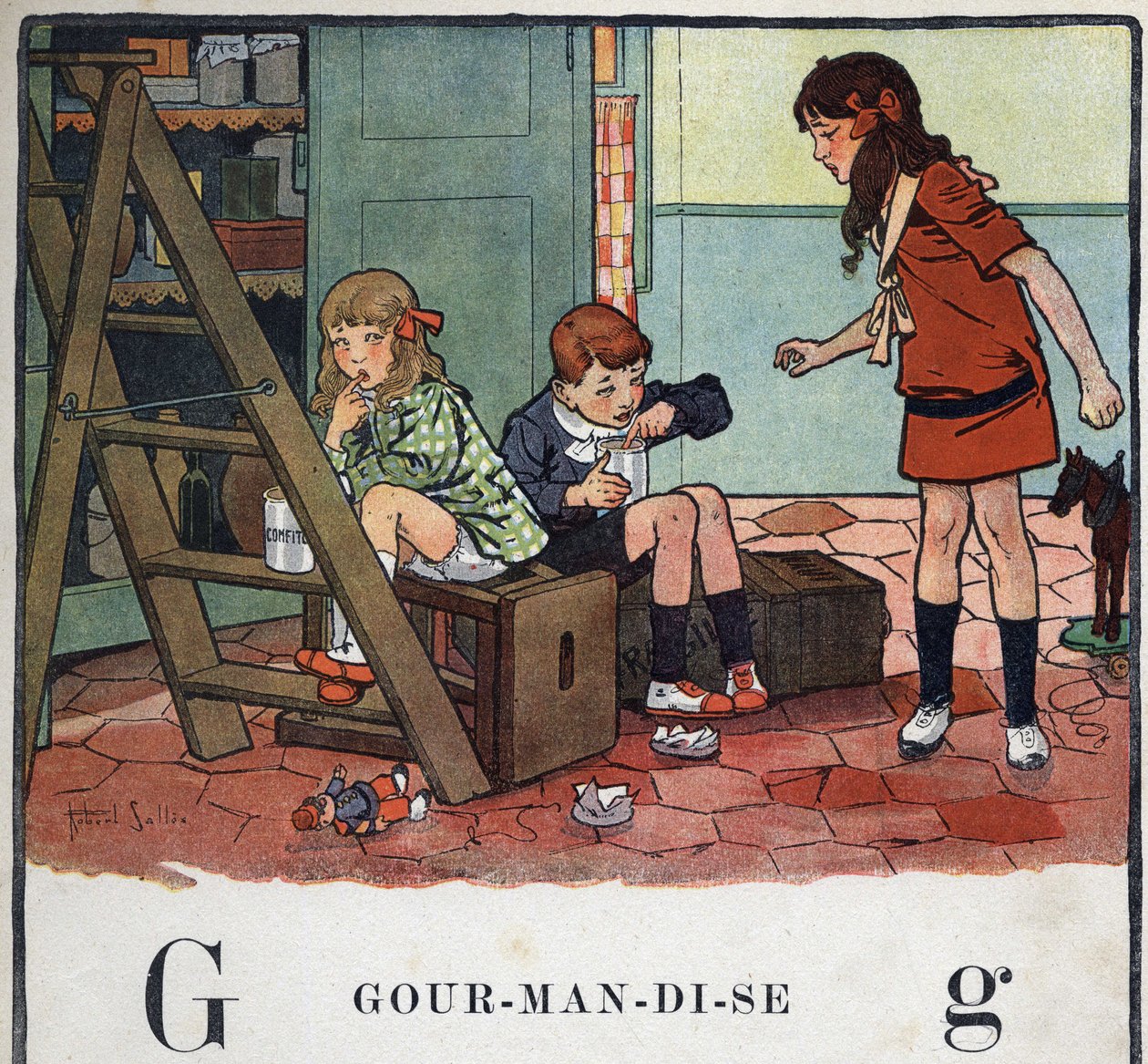 Dětská knížka „“ Budu číst – Metodická a zábavná abeceda od táty“““ 1926. Ilustrace Robert Salles (1871-1929). Abecedary: písmeno G jako Gourmandise. Dívka a chlapci tajně jedí kandované ovoce. od Robert Salles
