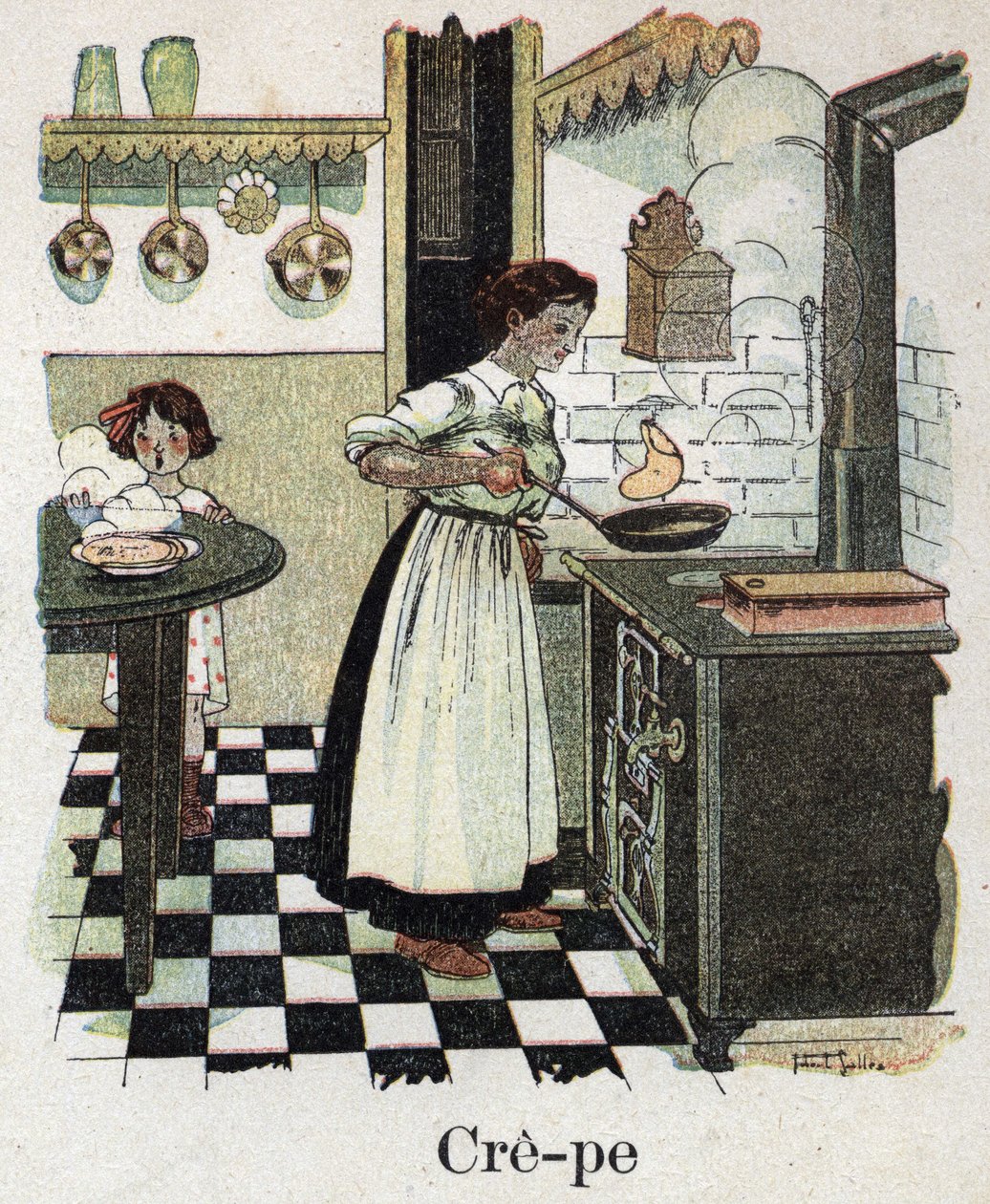 Dětská knížka „“ Budu číst – Metodická a zábavná abeceda od táty“““ 1926. Ilustrace Robert Salles (1871-1929). Matka fouká palačinky na pánvi. od Robert Salles