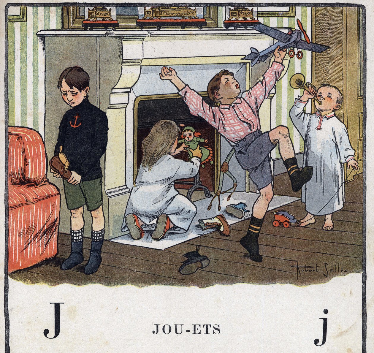 Dětská knížka „“ Budu číst – Metodická a zábavná abeceda od táty“““ 1926. Ilustrace Robert Salles (1871-1929). Abecedaire: písmeno J jako hračky. Děti dostaly do botiček hračky a baví se s nimi. Jedno z dětí nedostalo dárek ahoj od Robert Salles