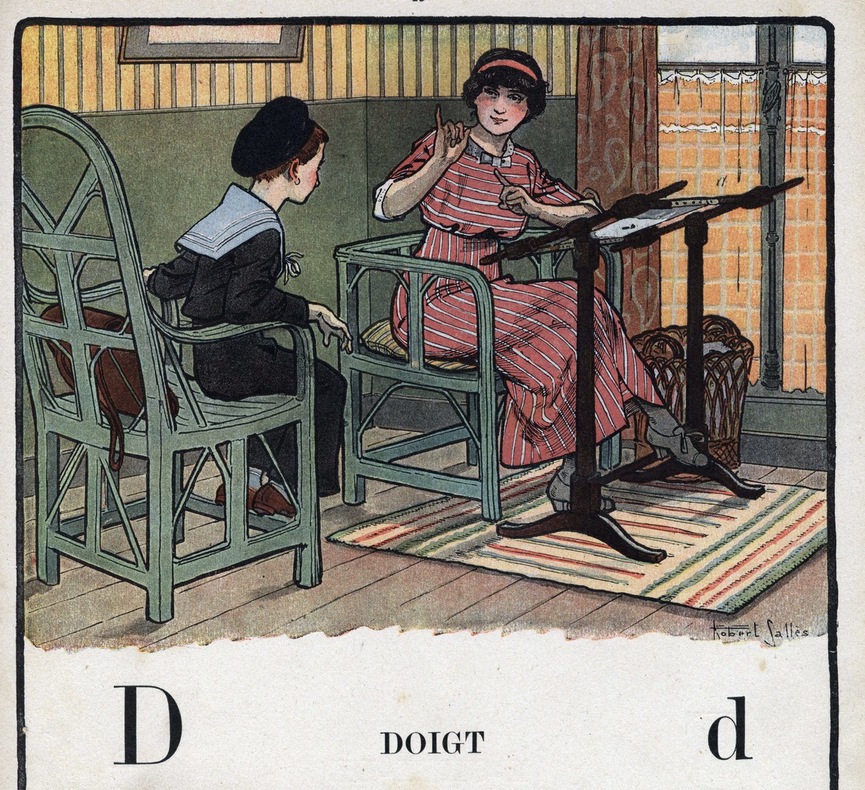 Dětská knížka „“ Budu číst – Metodická a zábavná abeceda od táty“““ 1926. Ilustrace Robert Salles (1871-1929). Abecedary: písmeno D jako prst. Matka vysvětluje svému synovi výšivku. od Robert Salles