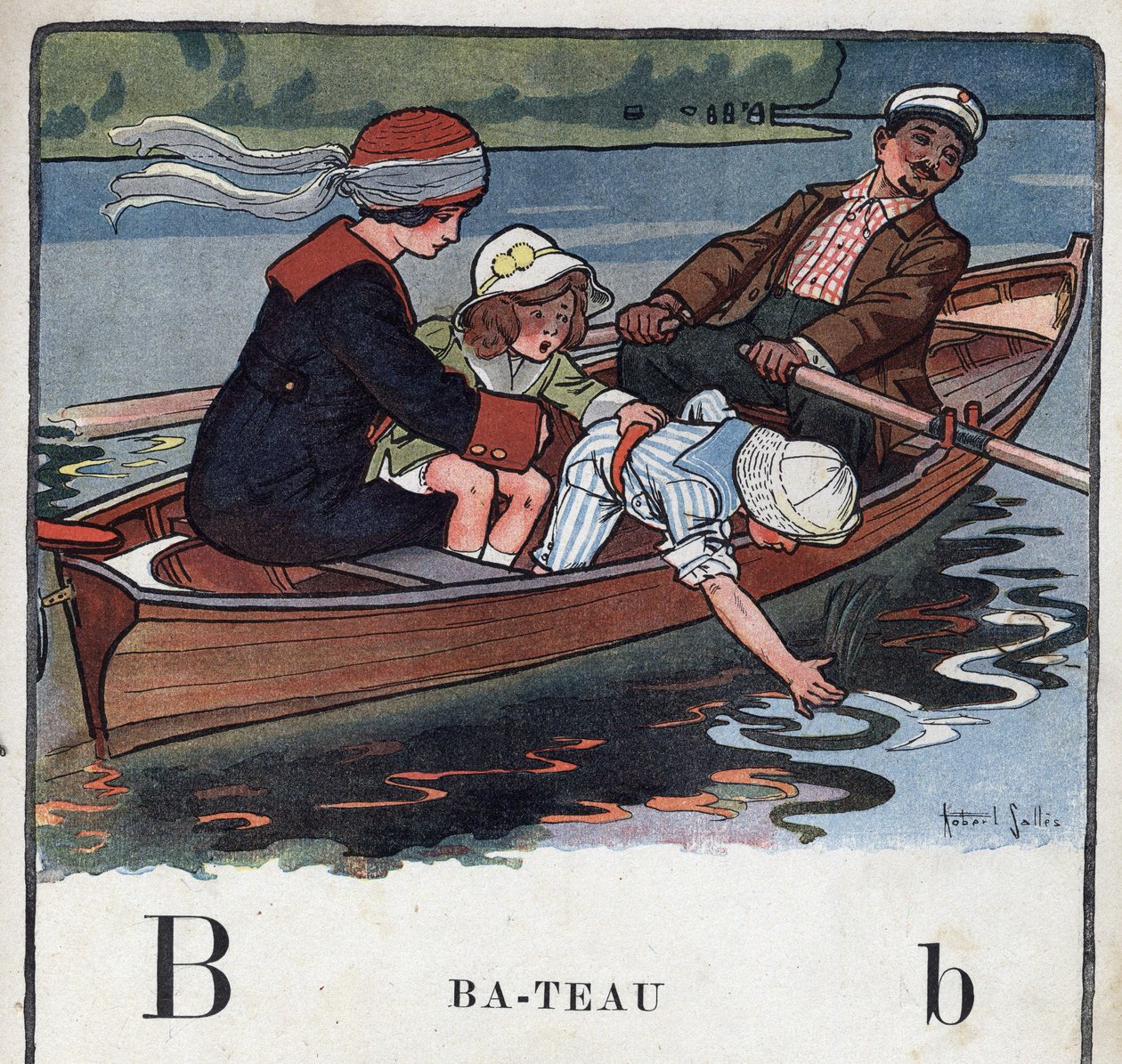 Dětská knížka „“ Budu číst – Metodická a zábavná abeceda od táty“““ 1926. Ilustrace Robert Salles (1871-1929). Abecedaire: písmeno B jako člun. Rodina na lodi se prochází. od Robert Salles