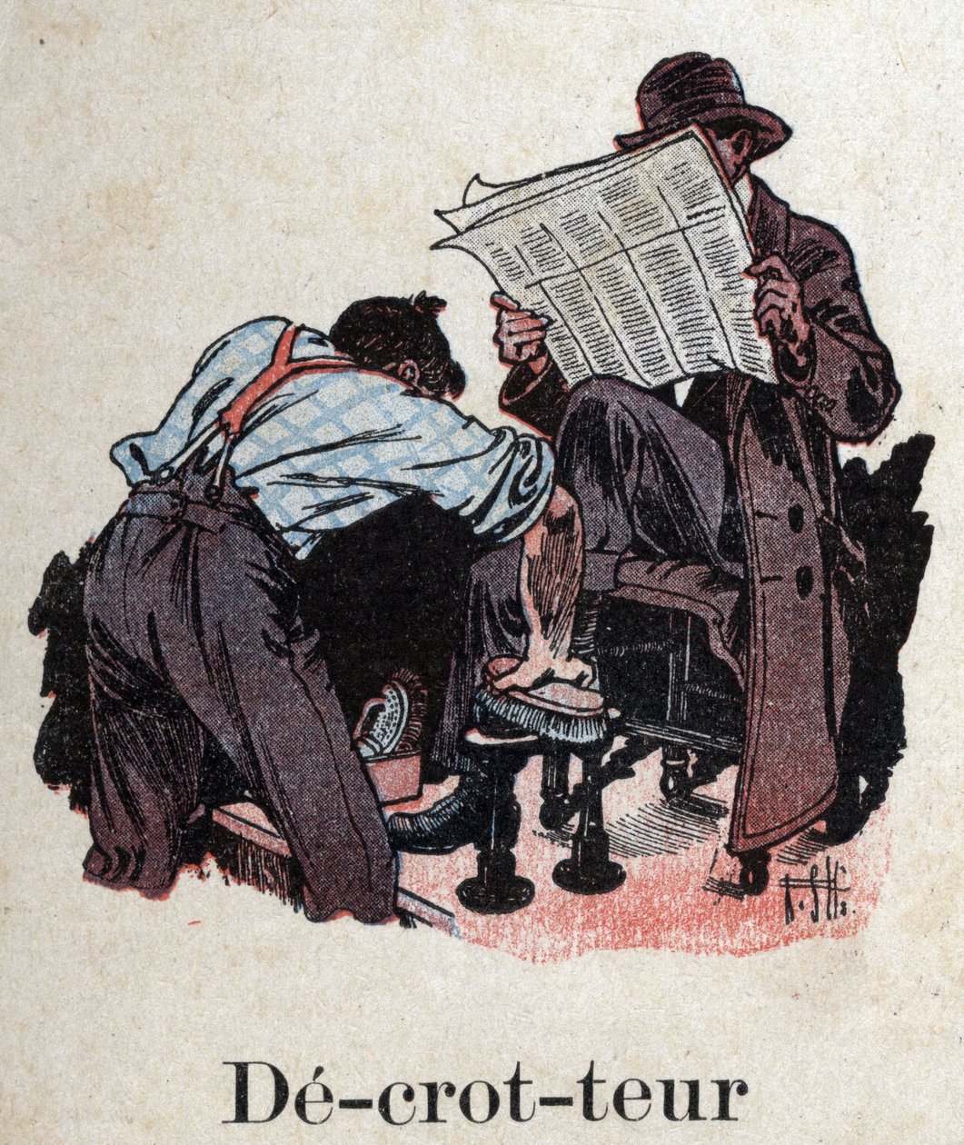 Dětská knížka „“ Budu číst – Metodická a zábavná abeceda od táty“““ 1926. Ilustrace Robert Salles (1871-1929). “” Decrotteur””: čistič bot čistí boty zákazníka, který čte noviny. od Robert Salles