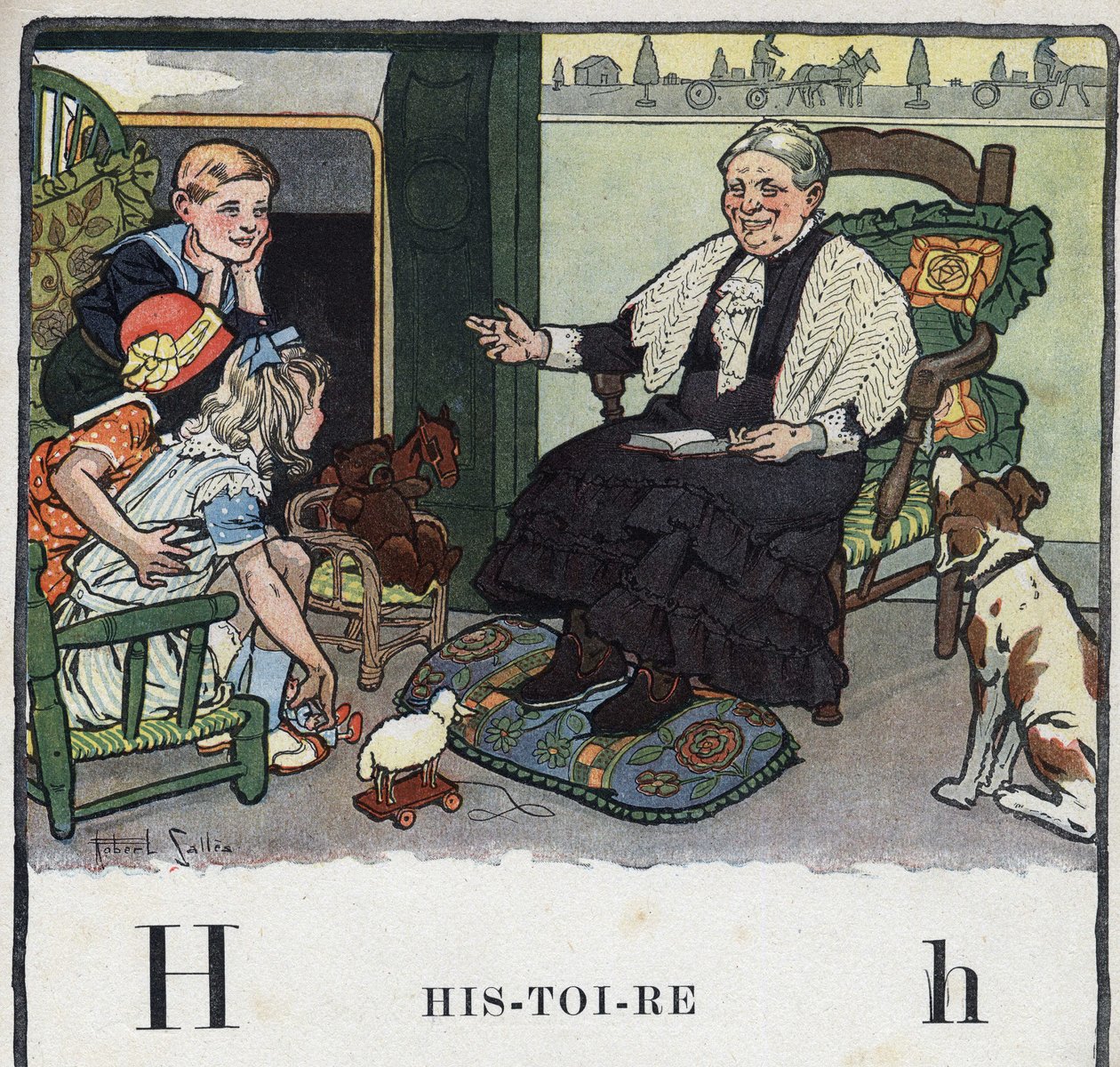 Dětská knížka „“ Budu číst – Metodická a zábavná abeceda od táty“““ 1926. Ilustrace Robert Salles (1871-1929). Abecedaire: písmeno H jako historie. Babička vypráví svým vnoučatům příběhy u krbu. od Robert Salles