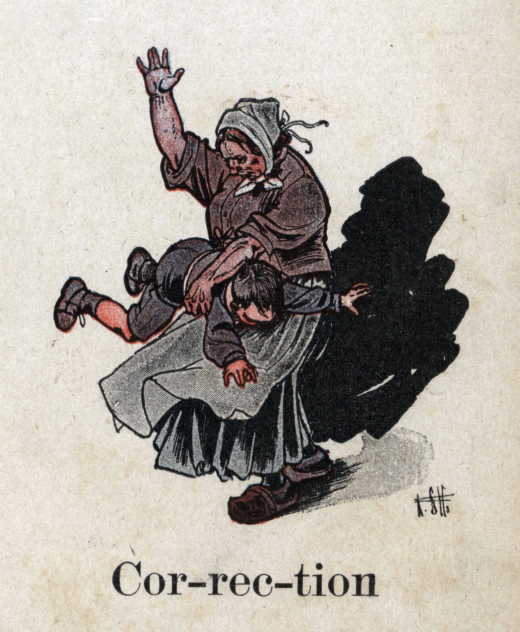Dětská knížka „“ Budu číst – Metodická a zábavná abeceda od táty“““ 1926. Ilustrace Robert Salles (1871-1929). "Oprava"". Trest: matka roztáhne své dítě, aby ho potrestala od Robert Salles