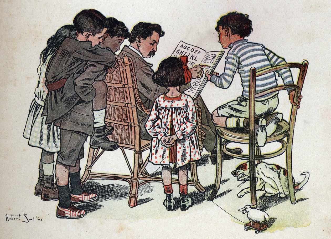 Dětská knížka „“ Budu číst – Metodická a zábavná abeceda od táty“““ 1926. Ilustrace Robert Salles (1871-1929). Otec rodiny učí děti číst. od Robert Salles