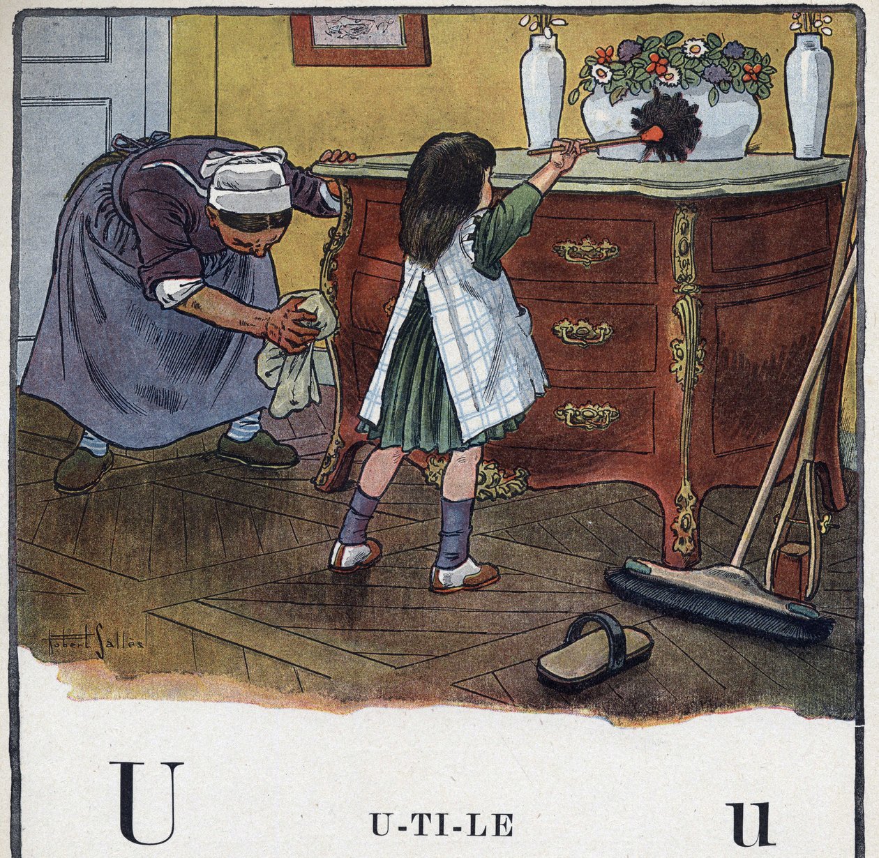 Dětská knížka „“ Budu číst – Metodická a zábavná abeceda od táty“““ 1926. Ilustrace Robert Salles (1871-1929). Abecedary: písmeno U jako užitečné. Dívka pomáhá s úklidem a prachem. od Robert Salles