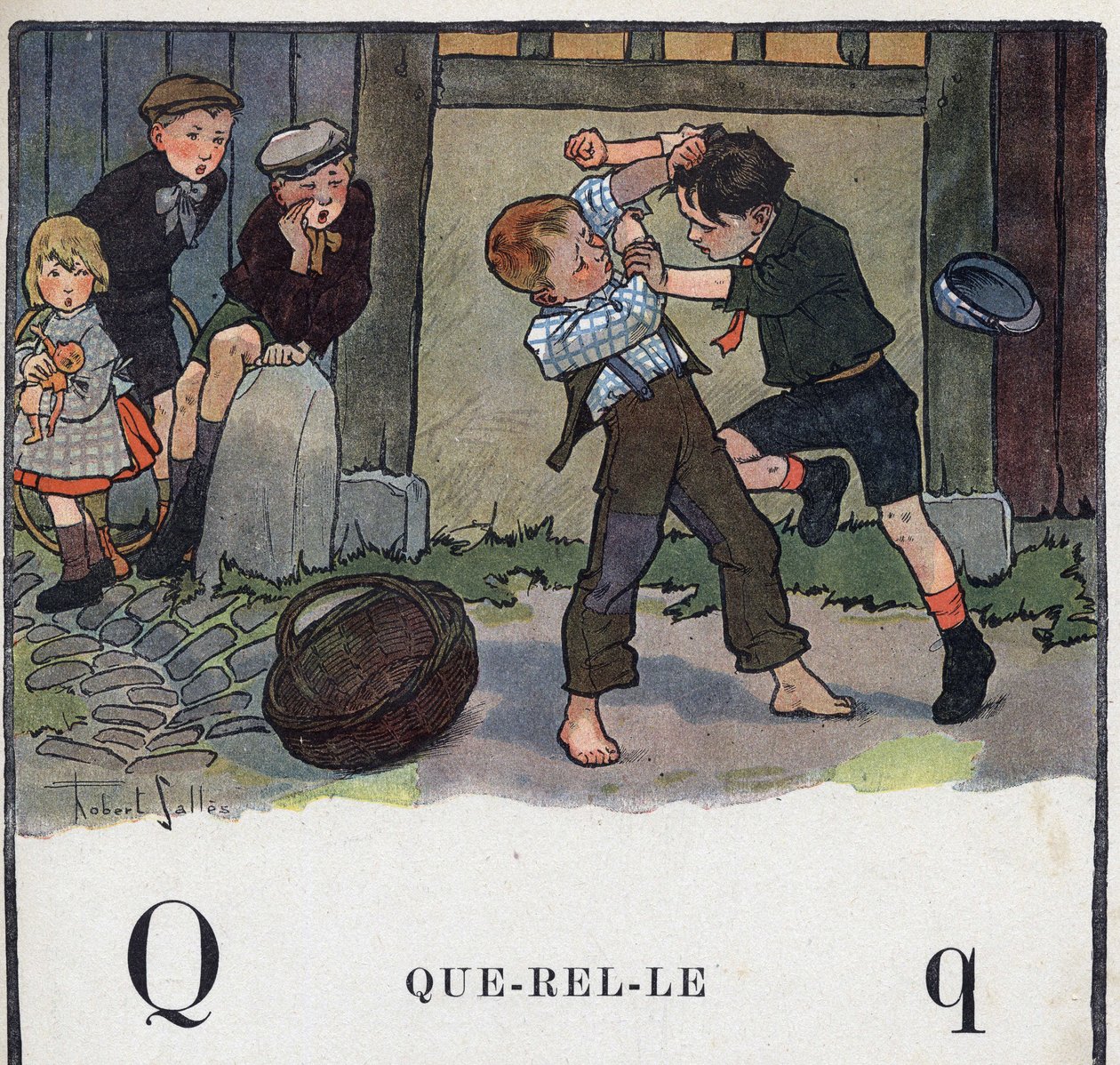 Dětská knížka „“ Budu číst – Metodická a zábavná abeceda od táty“““ 1926. Ilustrace Robert Salles (1871-1929). Abecedaire: písmeno Q jako Querelle. Dva kluci se perou na dvoře. od Robert Salles
