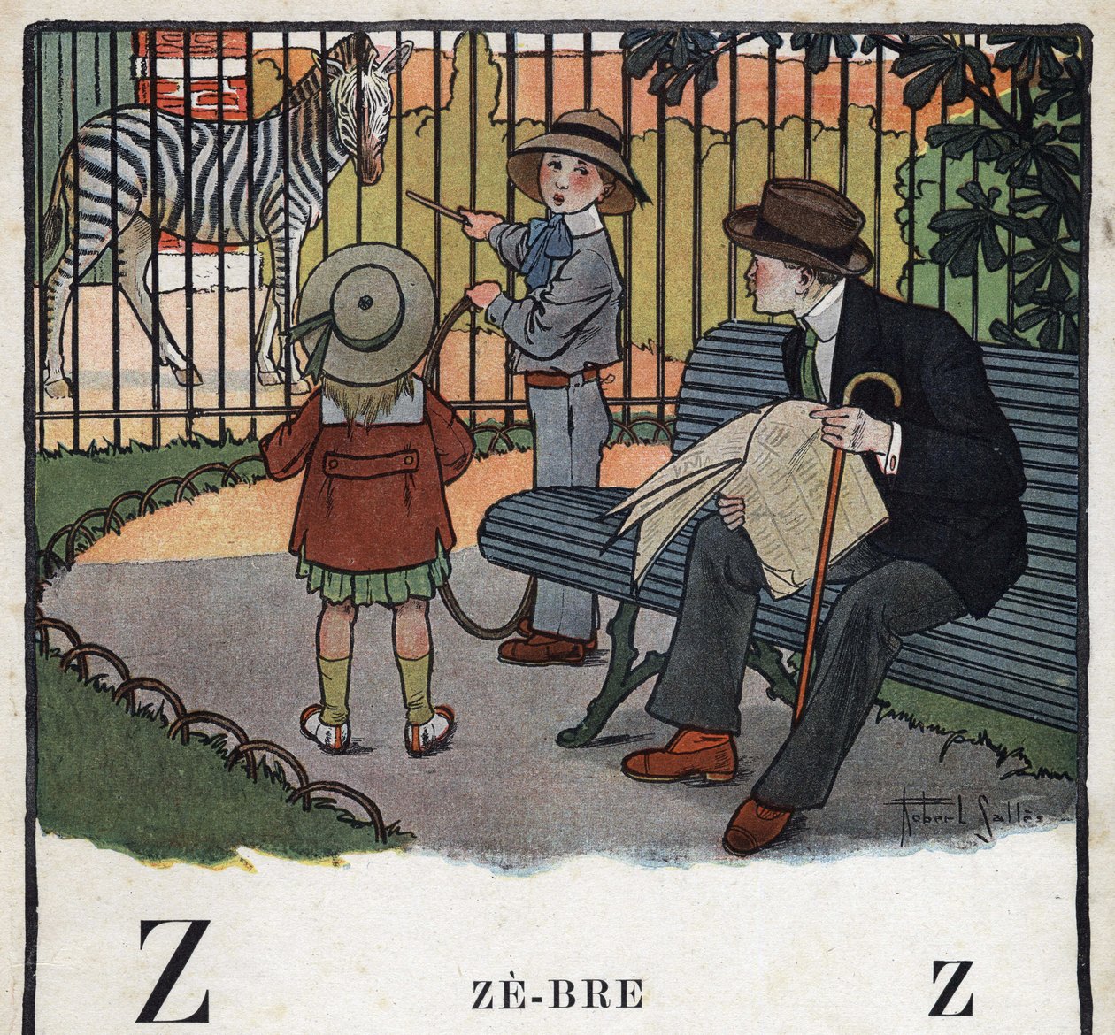 Dětská knížka „“ Budu číst – Metodická a zábavná abeceda od táty“““ 1926. Ilustrace Robert Salles (1871-1929). Abecedaire: písmeno Z jako Zebre. Děti se s obručí dívají na zebru v zoo. od Robert Salles