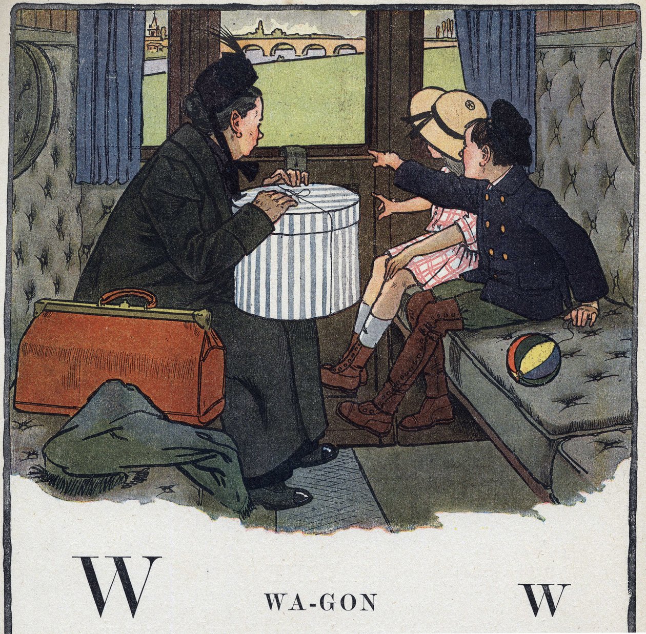 Dětská knížka „“ Budu číst – Metodická a zábavná abeceda od táty“““ 1926. Ilustrace Robert Salles (1871-1929). Abecedaire: písmeno W jako vůz. Dvě děti s matkou cestují ve vlakovém kupé. od Robert Salles