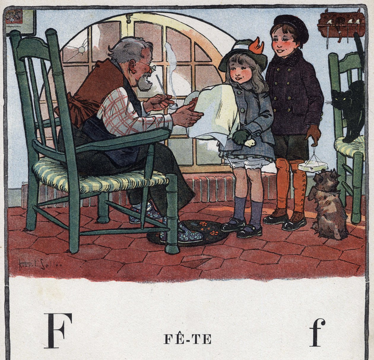Dětská knížka „“ Budu číst – Metodická a zábavná abeceda od táty“““ 1926. Ilustrace Robert Salles (1871-1929). Abecedaire: písmeno F jako Fete. Dívka a chlapec nabízejí dárky na večírek svého dědečka. od Robert Salles