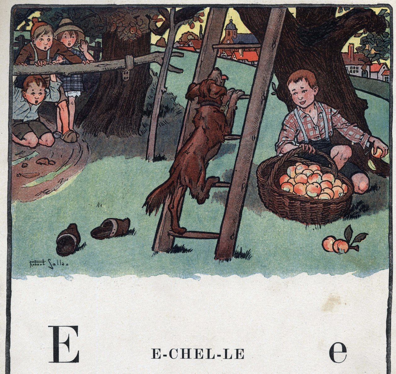 Dětská knížka „“ Budu číst – Metodická a zábavná abeceda od táty“““ 1926. Ilustrace Robert Salles (1871-1929). Abecedary: písmeno E jako měřítko. Pes leze na žebřík představuje proti jabloni. od Robert Salles
