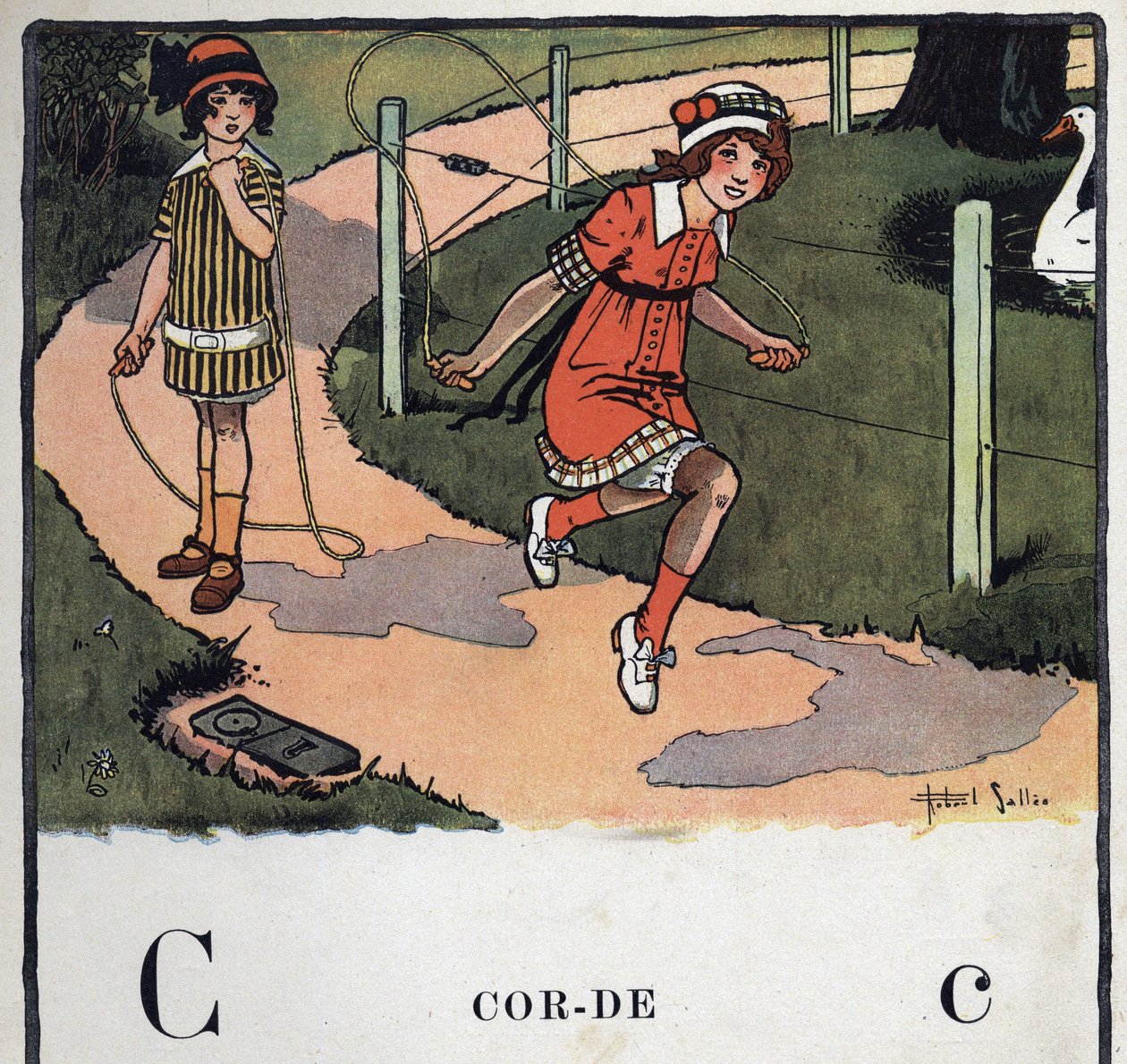 Dětská knížka „“ Budu číst – Metodická a zábavná abeceda od táty“““ 1926. Ilustrace Robert Salles (1871-1929). Abecedary: písmeno C jako lano. Dvě dívky hrají skákání přes švihadlo. od Robert Salles