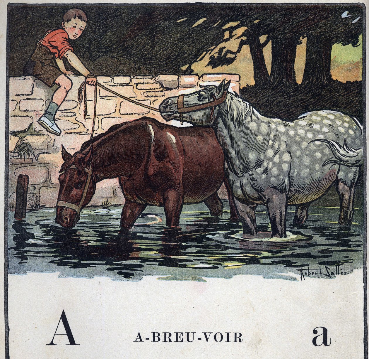 Dětská knížka „“ Budu číst – Metodická a zábavná abeceda od táty“““ 1926. Ilustrace Robert Salles (1871-1929). Abecedary: písmeno A jako pitná voda. Dva koně pijí vodu. od Robert Salles