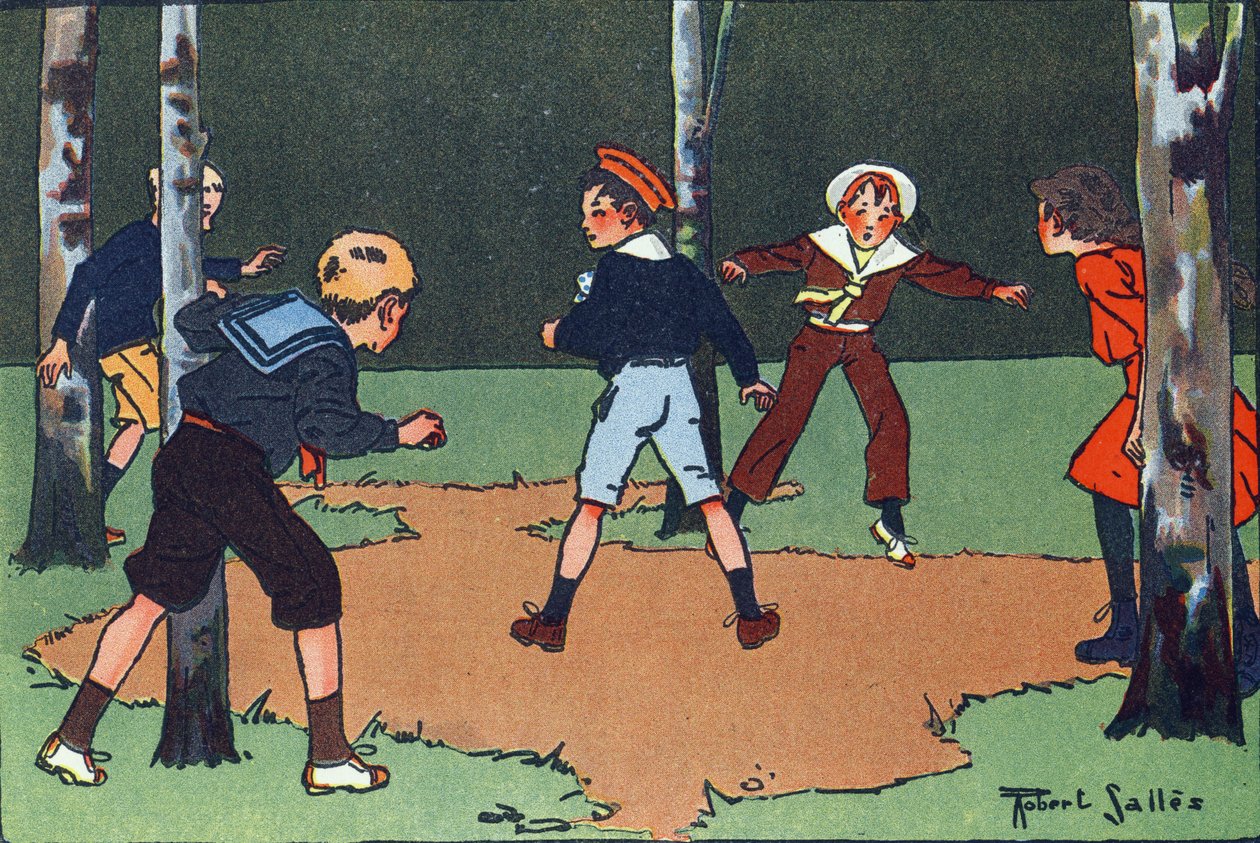 Čtyři rohy. Rytí do „“ Co hrajeme? “” od E. Webera s akvarelovými kresbami Roberta Sallese (1871-1929). Knihovna Garnier Freres, Paříž od Robert Salles