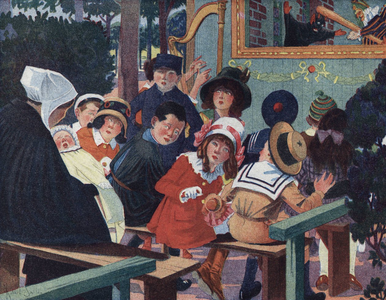 Loutkové divadlo: Děti v divadle guignol jsou zmatené plačícím dítětem. Ilustrace Robert Salles (1871-1929) v „“ Je sais Lire““. od Robert Salles